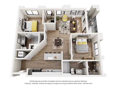 A 3D floor plan of a two-bedroom apartment with a living room, kitchen, and bathroom.